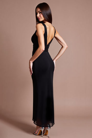 Robe longue formelle noire scintillante à paillettes à col en V avec fente